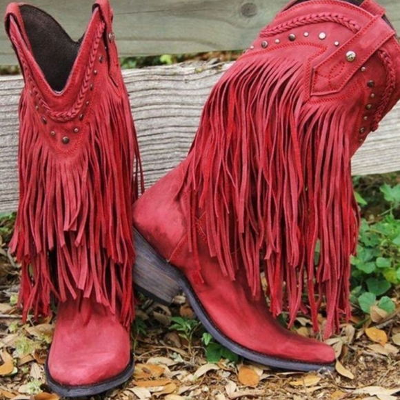 LIBERTY Black Shoes - LIBERTY BLACK LB71124 Vegas Tiered Fringe  Rojo Red snip toe cowgirl boots sz10